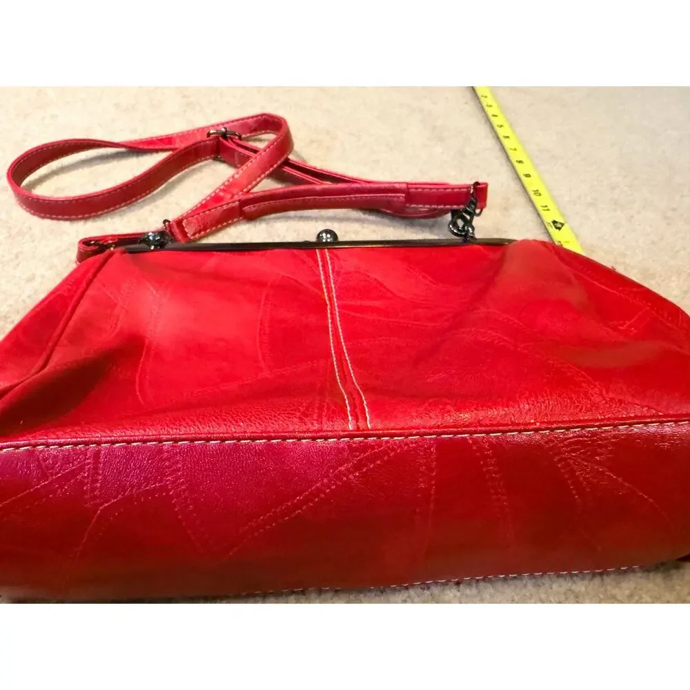 Red Faux Leather Vintage Style Kiss Lock Crossbody Shoulder Bag Handbag Purse